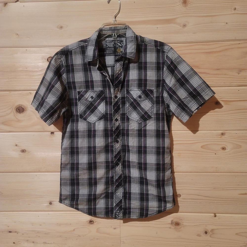 Men's NSS Black and Purple Plaid Casual Button Down Shirt Size S 20x28